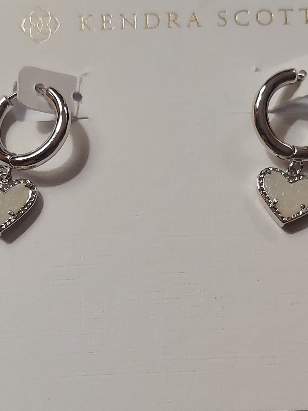 Kendra Scott Silver Hoop Earrings with White Heart Druzy Charm - Picture 3 of 3